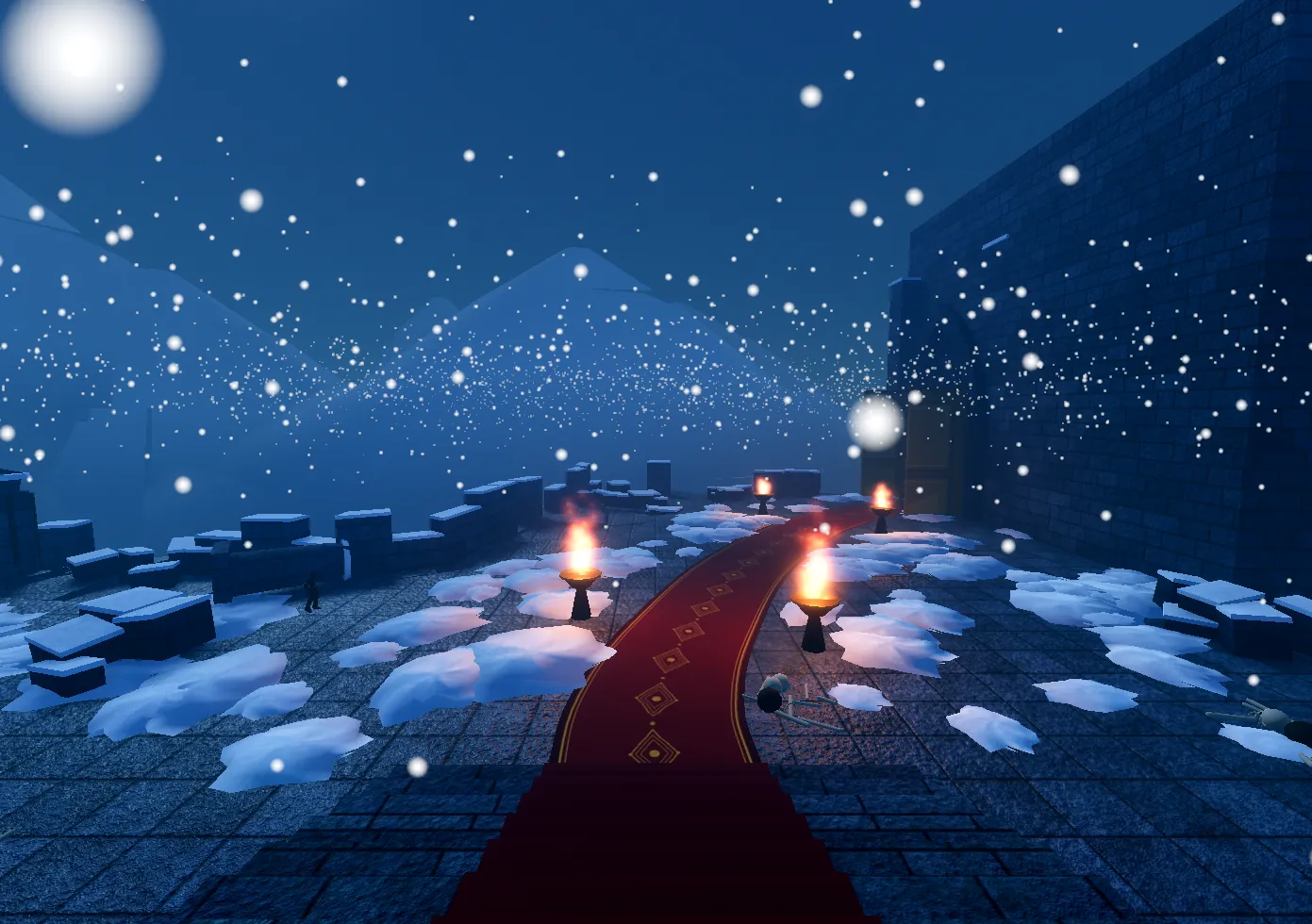 Red carpet between torches in the snowy castle courtyard under the moon