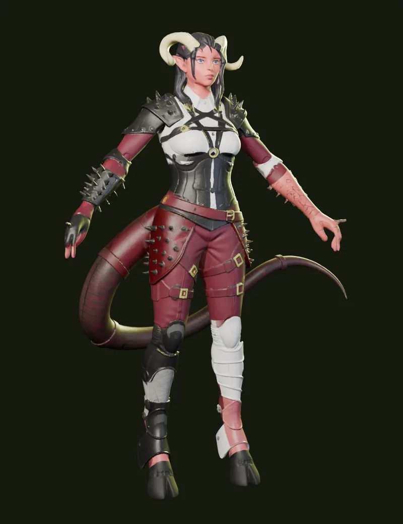 Render of the succubus character model with horns, tail and spiked armor